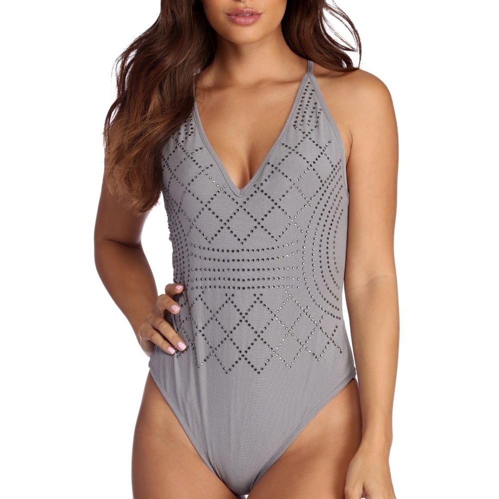 Grey Party Rhinestone Bodysuit